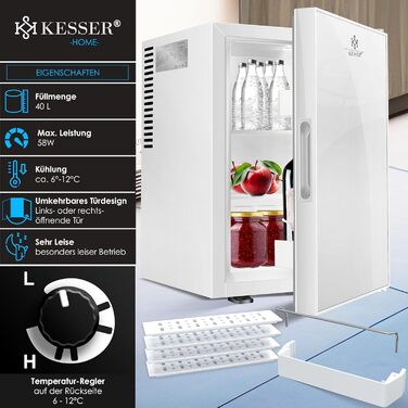 Міні-холодильник KESSER® 40L з дверцятами з прозорим склом - ідеальний для дому, офісу, кемпінгу. Безшумний, з підсвіткою та відкривачем для пляшок.