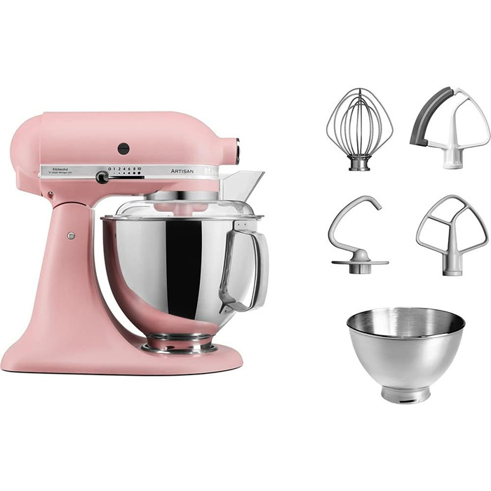 Кухонний комбайн KitchenAid Artisan з місткістю 4.8 л, рожевий, з 5 насадками