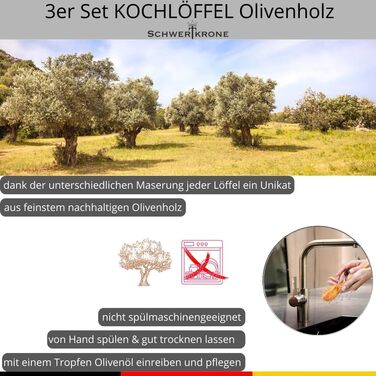 Набір кухонних ложок та лопаток із оливкового дерева Schwertkrone, Італія — антибактеріальні, жаростійкі, для приготування їжі