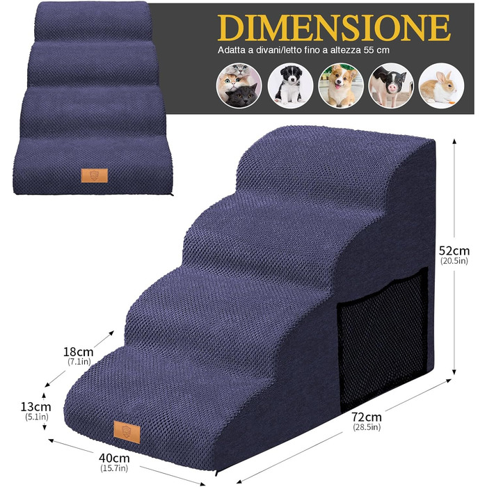 Сходинка для собак Masthome з 4 сходинками: зручна та безпечна для маленьких собак та цуценят. Легка, з антиковзким покриттям та знімною, пральною наволочкою для диванів та ліжок.