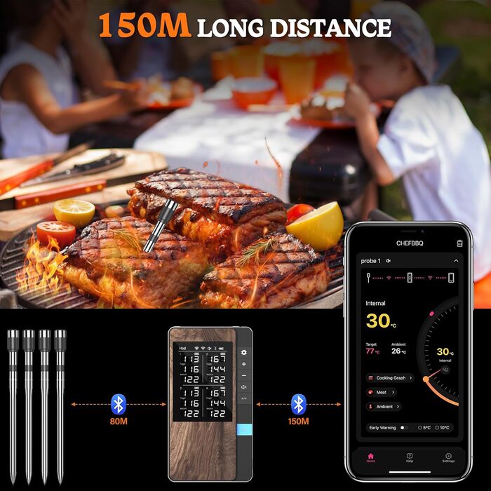 Беспроводний термометр для м'яса 4 шт. з Bluetooth, водонепроникний IP67, для приготування на грилі, в духовці, мангалі, ротатерії, фритюрниці