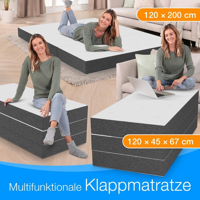 Складаний гостьовий матрац ELONEO Premium Visco 120x200x15 см, ортопедичний, складний, для гостей та подорожей, знімний чохол, сіро-білий
