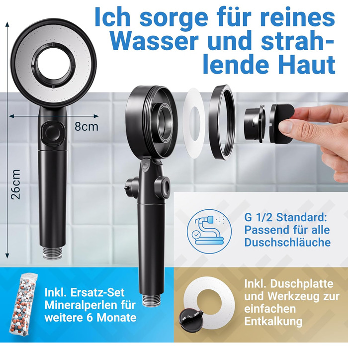 LOVENSWORK Shower Head with Filter [3 Modes - incl. Booster] Water-saving shower head with mineral pearls | Handheld shower, shower head, shower in black incl. tool, replacement pearls & stainless steel plate