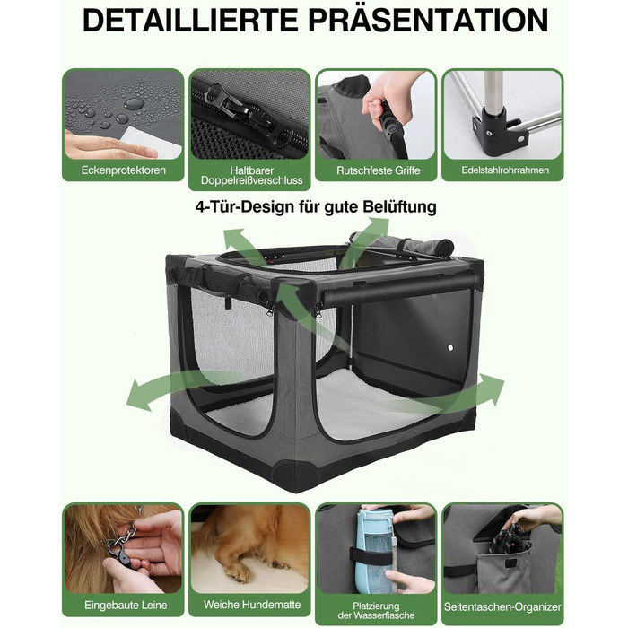 Складана переноска для собак середніх порід, 76x54x54 см, зелена/сіра