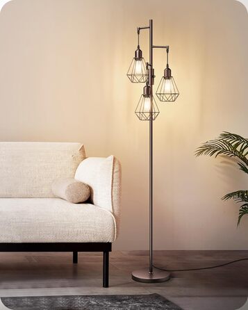 LED торшер Edishine для вітальні, 3 лампи, ретро стиль, диммування, 4W E27, регулювання поворотною ручкою, індустріальний дизайн, металевий абажур-сітка, 2700K, висота 166 см, колір: коричневий