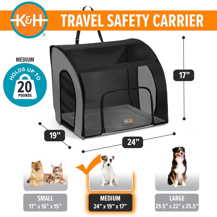 Кенійська переноска для тварин K&H Pet Products для подорожей на авто, сумка-переноска для котів та маленьких собак, портативний вольєр для авто, сірий/чорний, 43.2 x 40.6 x 38.1 см