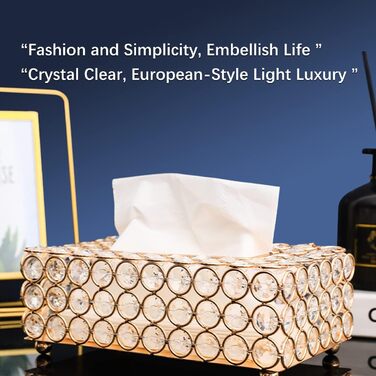 Crystal Cosmetic Box 20 × 13 × 6 cm Rectangular Gold Decorative Tissue Box, Metal Rhinestones Glitter Cosmetic Tissues Desktop Tissue Box for Bedroom Bathroom Living Room