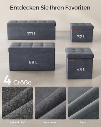 Пуф з місцем для зберігання SONGMICS, складаний, шкіряний, 38x38 см, сіро-графітовий, до 300 кг, для вітальні, спальні, гуртожитку