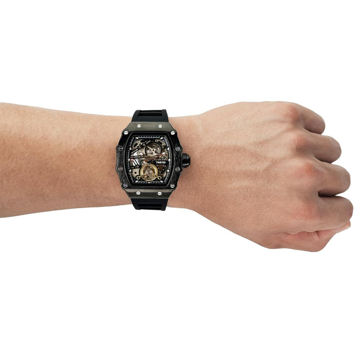 TIME100 Автоматичний годинник для чоловіків: водонепроникний, з підсвічуванням, серія Pilot, Angel Wing, бізнес-стиль, механічний годинник з шкіряним/силіконовим ремінцем, скелетний дизайн (чорний)