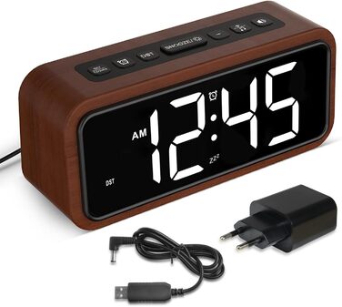 Loud Alarm Clock for Deep Sleepers, Wood Alarm Clock with LED Display, 12 Alarm Ringtone Options, 5 Adjustable Brightness Levels, 5 Volume Levels, Manual DST, Brown Retro Alarm Clock for Bedroom