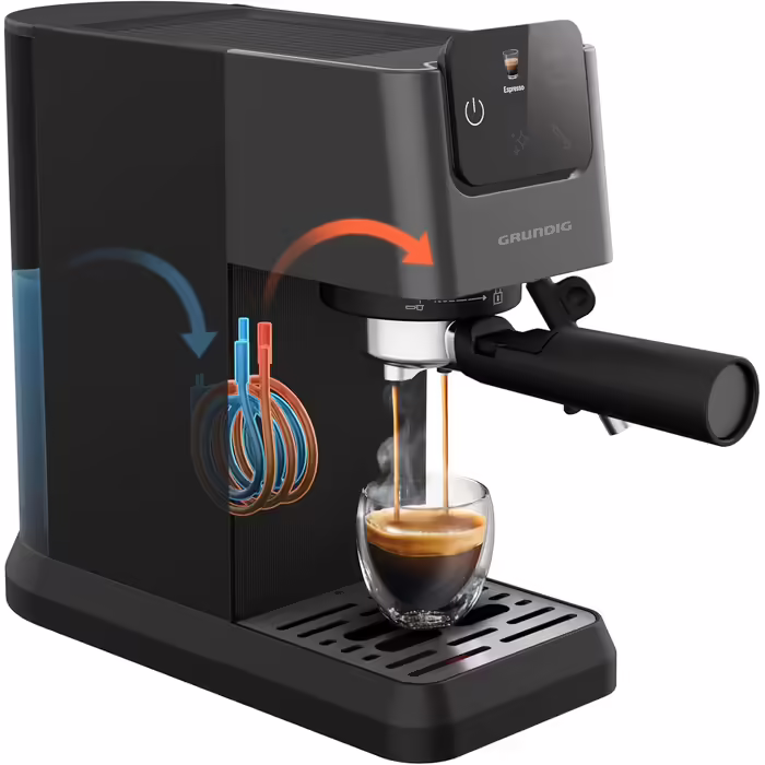 GRUNDIG KSM 4330 Espresso Machine with Milk Frother, for Ground Coffee, Removable Water Tank, Touch Display, 1626 W Power, Memory Function, Black
