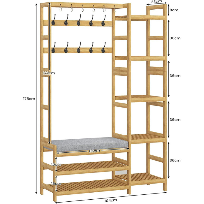 VIAGDO Wardrobe with Shoe Bench, Clothes Rack with 5 Storage Shelves, Wardrobe with Shoe Shelf, 10 Double Hooks, Entryway Wardrobe for Hallway and Bedroom 104x33x175 cm (104 x 33 x 175 cm)