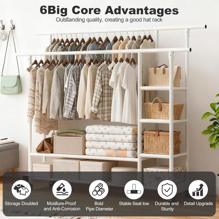 Вешалка для одягу на колесах, шестиярусна полиця з двома штангами, біла