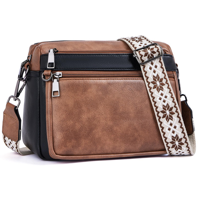 Сумка жіноча через плече MUIIKOLA середнього розміру, екошкіра, чорно-коричнева, з широким м'яким ременем