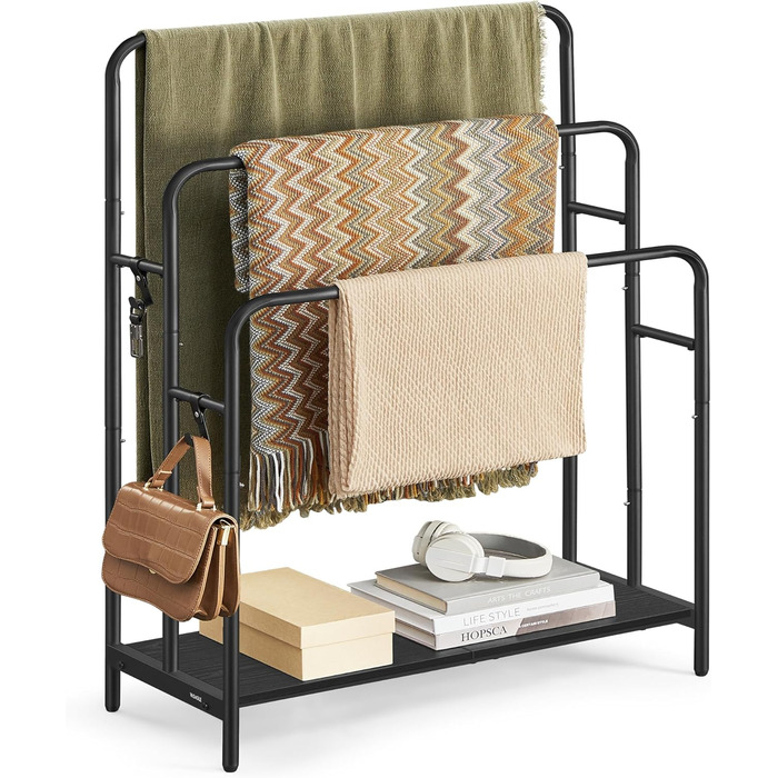 Підставка для рушників VASAGLE, стояча, 3-х рівнева, 70 x 30 x 100 см, з 2 гачками та полицею, чорний + чорне дерево, LLS019B01