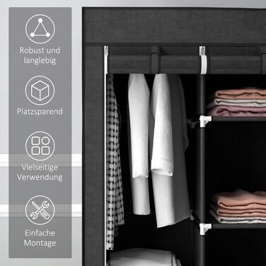 HOMCOM Wardrobe Fabric Closet with Drawers, Hanging Rail and Zipper, Fabric Clothes Closet Folding Wardrobe for Bedroom, Dressing Room, 102 x 42.5 x 162.5 cm, (Black, 125L x 43W x 162.5H cm)
