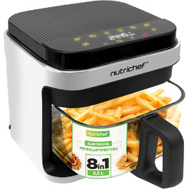 Фритюрниця NutriChef 5.5L біла – електрофритюрниця 8-в-1 з LED-дисплеєм. Готування без олії, циркуляція 360° для картоплі, курки, овочів та іншого.