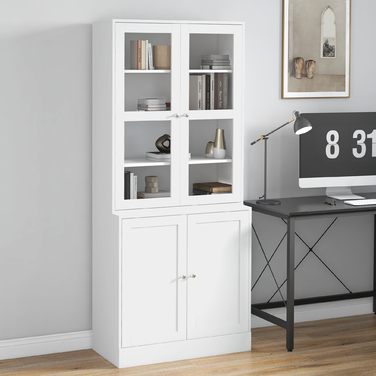 HOMCOM 178.5 cm Tall Bookshelf Display Cabinet with Glass Door, 6 Compartments, Kitchen Cabinet for Living Room, Kitchen - White | Aosom
