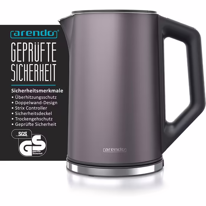 Arendo - Stainless Steel Kettle with Temperature Setting 40-100 Degrees in 5 Degree Increments - Double-Walled Design - Model ELEGANT - 1.5 Liter - 2200 W - Tea Kettle with Temperature Display - GS - Black (D: Volcanic Grey)