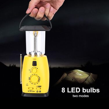 VGEBY LED Camping Lantern, 8 LED Solar Crank Lantern Hand Crank Lantern Rechargeable Solar Lantern With AM/FM Radio FOR Camping, Storms, Power Outages, Hiking, Walking, Festivals, Caravans