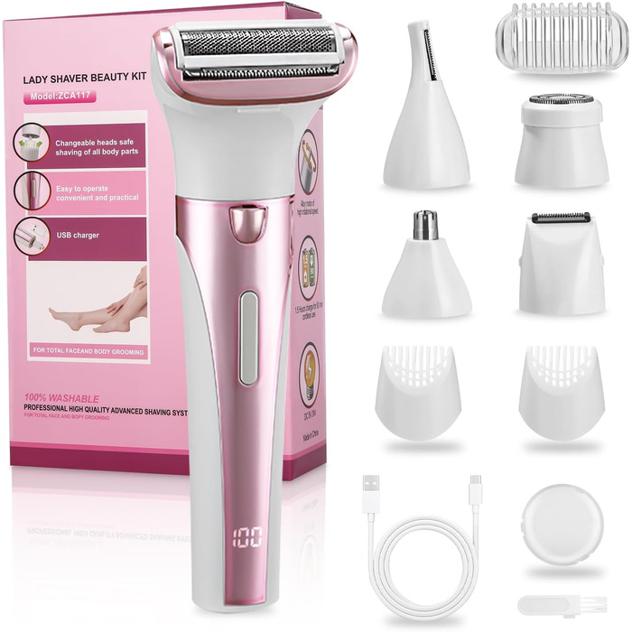 Електричний жіночий тример 5-в-1 для тіла, бікіні, брів та носа, з USB-станцією, білий (Рожевий)