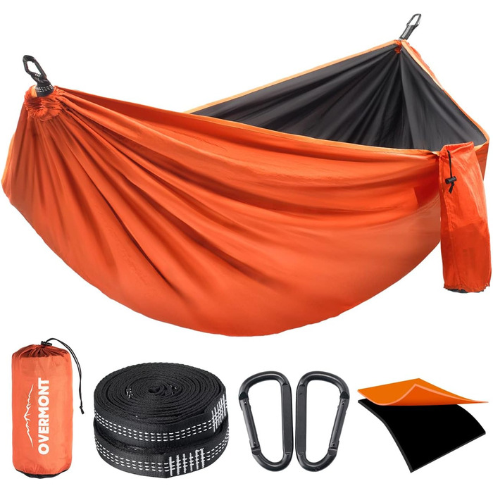 Гамак Overmont двошаровий, сертифікований TÜV, 400 кг, 280x185 см, нейлон, для кемпінгу, відпочинку на природі, чорно-помаранчевий