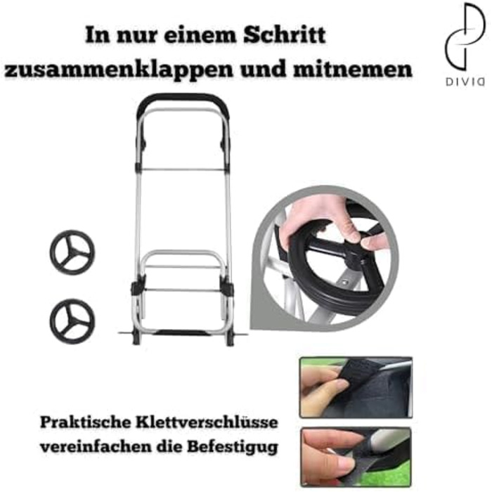 DIVID® Коляска для покупок зі складною візком, об'єм 56 літрів, вантажопідйомність до 50 кг, складана, сумка через плече та ізольований відсік, синій колір