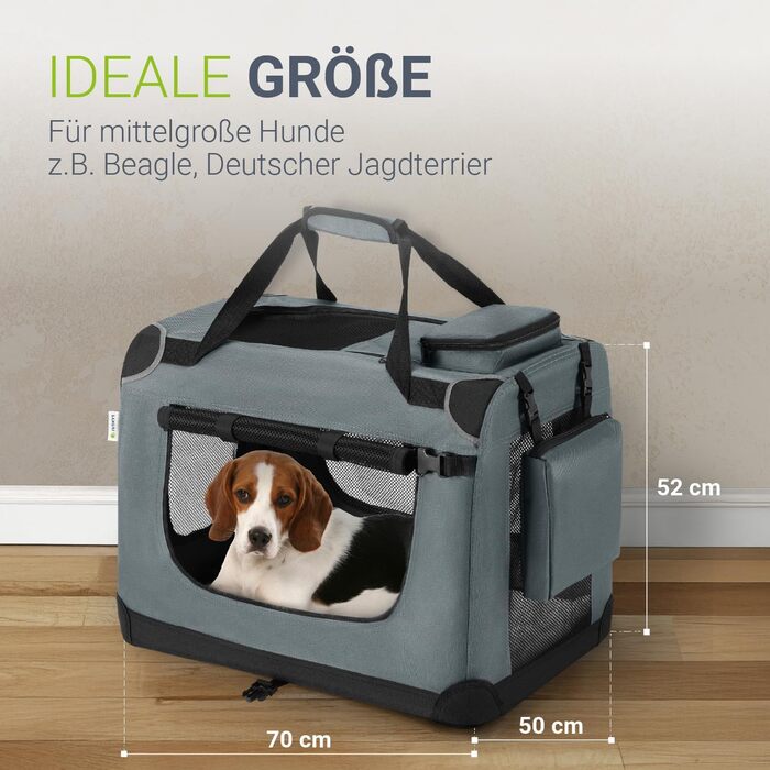 Juskys Collapsible Dog Carrier Box with Blanket, Bag & Handles - Portable Dog Travel Box for Dogs, Cats & Pets - Oxford Fabric Dog Crate, Car Pet Carrier - Grey (70x50x52 cm)