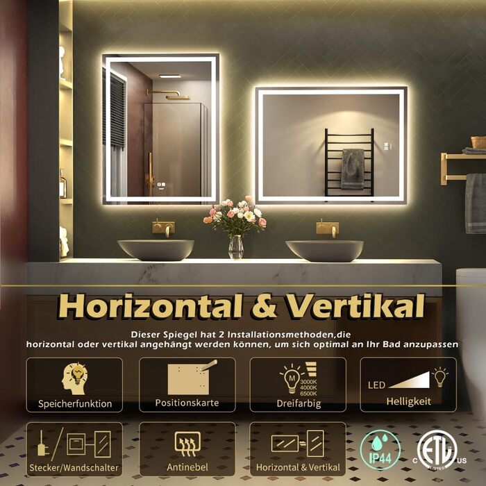 Дзеркало для ванної кімнати LED з підсвічуванням, туалетне дзеркало настінне, 6500K, антитуманне, водонепроникне IP44, вертикальне/горизонтальне (70 x 50 см)