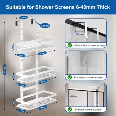 Підставка для душу на кріплення, полиця для душу без свердління для ванної кімнати, органайзер з 2 кошиками, тримач для шампуню (білий, White - 3 рівні)