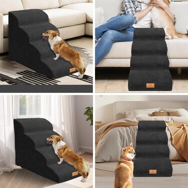 Masthome Dog Stairs for Small Dogs, 4 Steps Pet Stairs with Washable Cover, 52cm High Cat Stairs from Sponge for High Beds, Dog Ramp Ladder, Detachable, Black