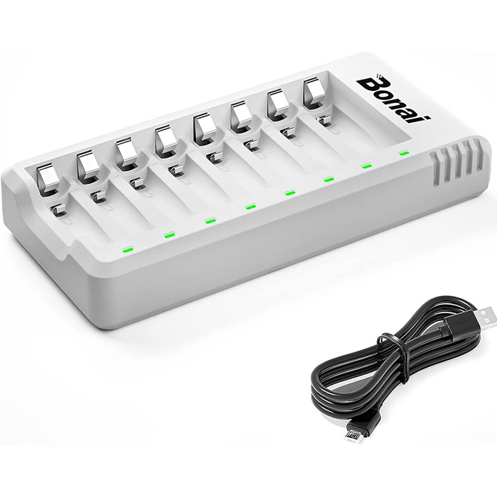 Зарядний пристрій BONAI для акумуляторів AA AAA NI-MH з LED-дисплеєм, USB, швидка зарядка, 8 слотів