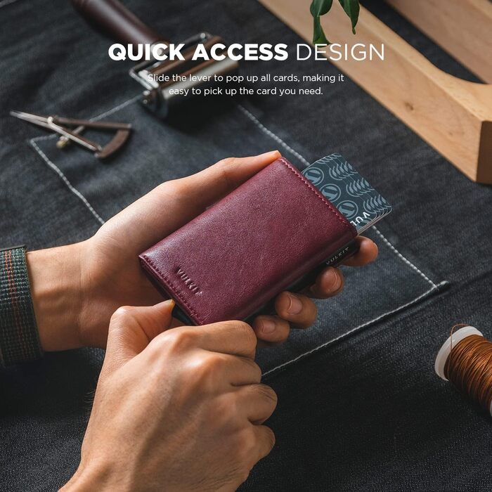 Чоловічий картхолдер VULKIT з RFID-захистом, шкіряний поп-ап картфутляр з відділенням для грошей та вікном для документів, колір: бордовий