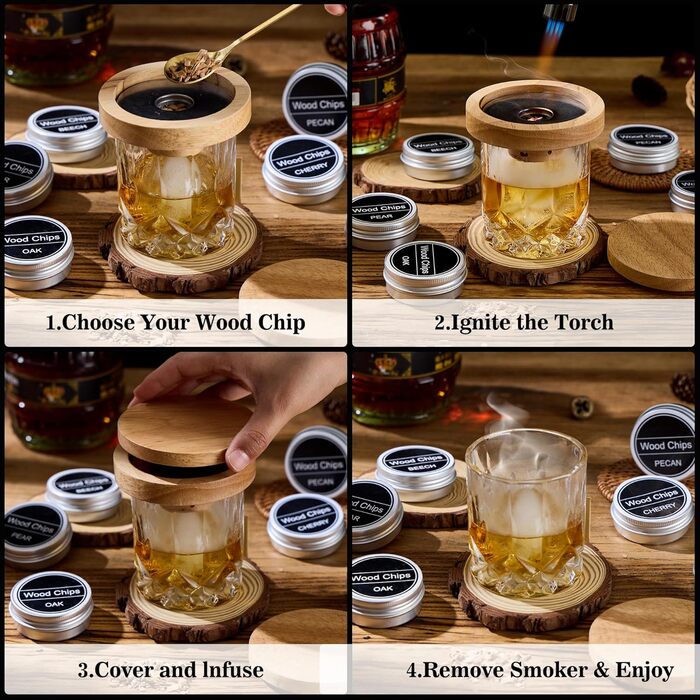 Набір для копчення віскі – Old Fashioned Cocktail Geschenkset: 6 дерев'яних чіпсів, 4 гранітні камені, запальник та аксесуари для любителів віскі та коктейлів (без бутану)