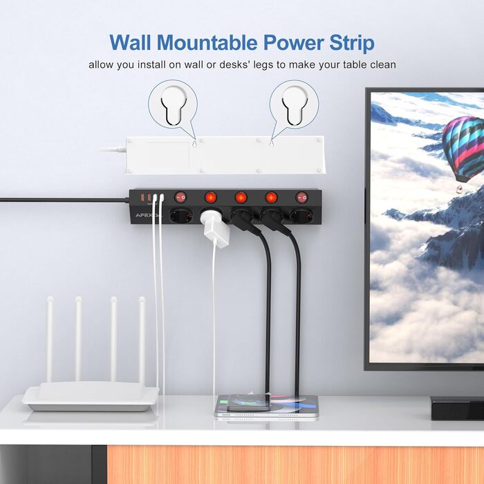 Многорозеткова смуга з 5 розетками та USB, біла, 3680W/16A, з USB-C та USB-A, швидка зарядка, захист від перенапруги, дитячий замок, для дому та офісу