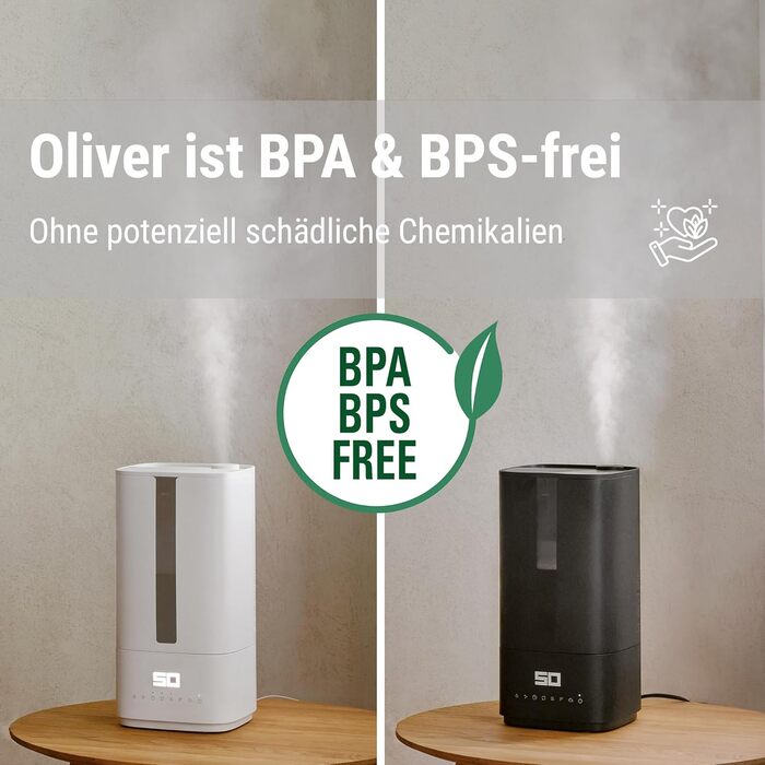 Зволожувач повітря Stadler Form Oliver, для великих приміщень до 60 м², тихий, компактний, потужний, 6 режимів, авто-режим, вимкнення LED, бездимний туман, чорний