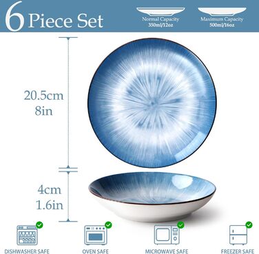 Тарілки для пасти NUTRIUPS 20.5 см, 6 шт. Керамічні тарілки для супу 500 мл, 8 дюймів, мікрохвильова та посудомийна машини, блакитні, набір