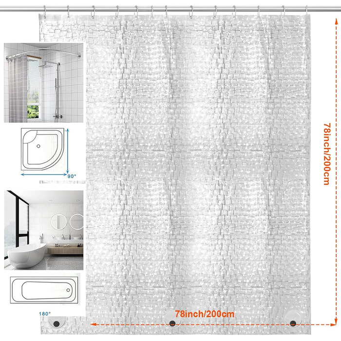 Шторка для душу AiQInu 180x200 см, 3D Eva, прозора, антигрибкова, водовідштовхувальна, для ванної кімнати, з 12 гачками