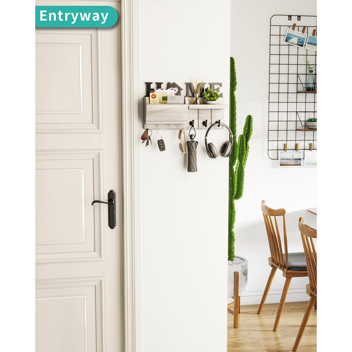 Дерев'яна ключниця HapiRm з декором HOME, 7 гачків, полиця для дрібниць, підходить для прихожої, спальні, офісу (біла)