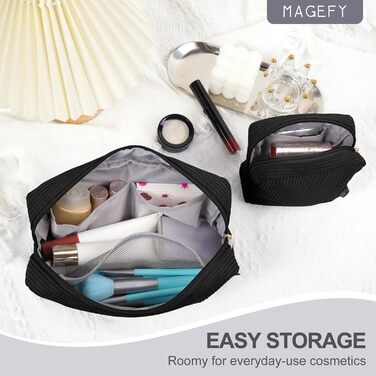 Косметичка MAGEFY для макіяжу: 2 шт. (бежева + чорна), з відділеннями, для подорожей, з корду, для жінок