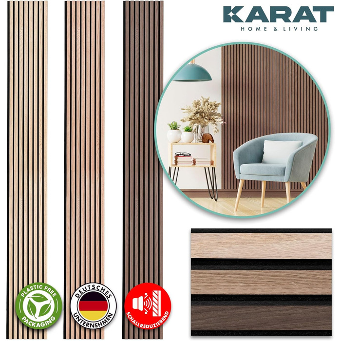 Акустичні настінні панелі KARAT з натурального шпона горіха (Black Walnut) — декоративна рейкова стіна з дерева та фетру для звукоізоляції та шумопоглинання, 275 x 27 см