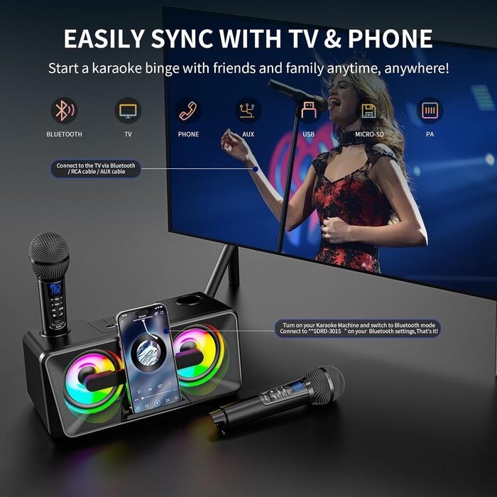 Караоке машина для дорослих та дітей з 2 бездротовими мікрофонами, Bluetooth, світлові ефекти, підставка для телефону, портативна PA система для дому, вечірки, пікніка (чорний)