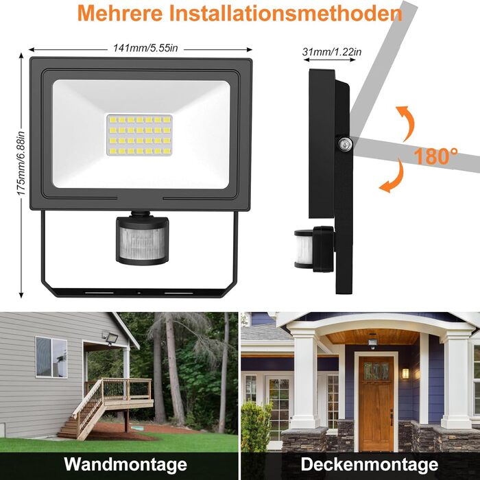 MEIKEE 25W LED Floodlight with Motion Sensor, Remote Control, 2100 LM, 6500K Cool White, Super Bright, 3 Modes, 10 Brightness Levels, Outdoor Floodlight, IP66 Waterproof, Spotlight for Garden, Garage, Sports Field, 2 Pack
