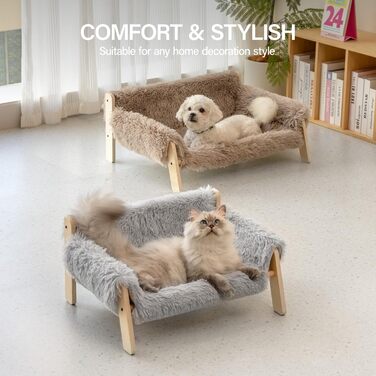 MEWOOFUN Elevated Cat Bed Sofa made of Wood, Sturdy Large Cat Sofa – Fashionable Cat Stool with Removable Mattress Cover, Holds up to 10 kg (56x45cm, Grey)