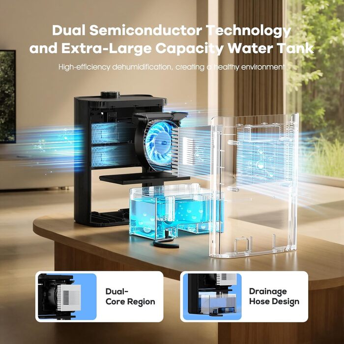 Електричний осушувач повітря для дому, 80м², 2500 мл, автоматичне відтанення, режим сну, захист від вологи та плісняви, для ванної кімнати/спальні, чорний
