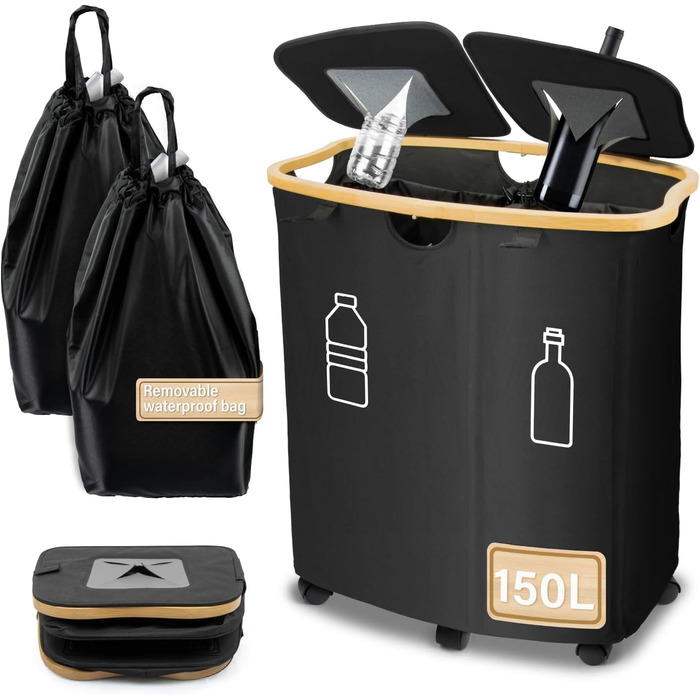 Deposit bottle collection container with lid & 2 removable carrying bags, large deposit bottle storage, container for empties & glass recycling, kitchen pantry bottle bag (150L)