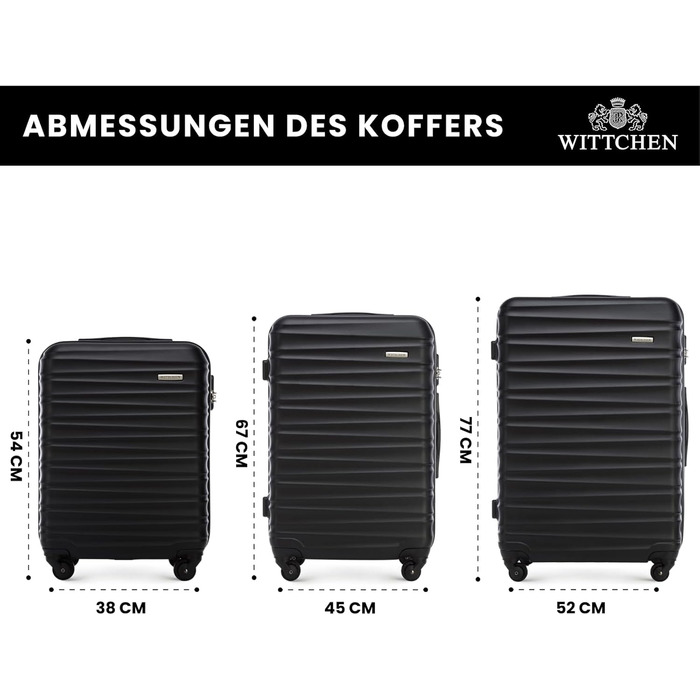 Набір валізWITTCHEN 3в1: велика, середня, маленька. Чорний, ABS, з коліщатками на 360°, TSA-замок. Підходить для Lufthansa, Eurowings, Ryanair, Condor