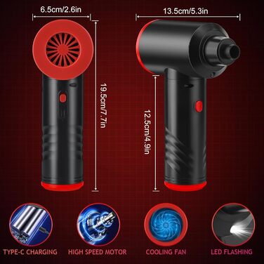 Електричний пилосос для повітряного продування BUDOCI, 3 швидкості, 100000 об/хв, 6000 mAh, з LED-підсвічуванням, для чищення ПК, клавіатури, диванів, офісної техніки, авто (чорно-червоний)