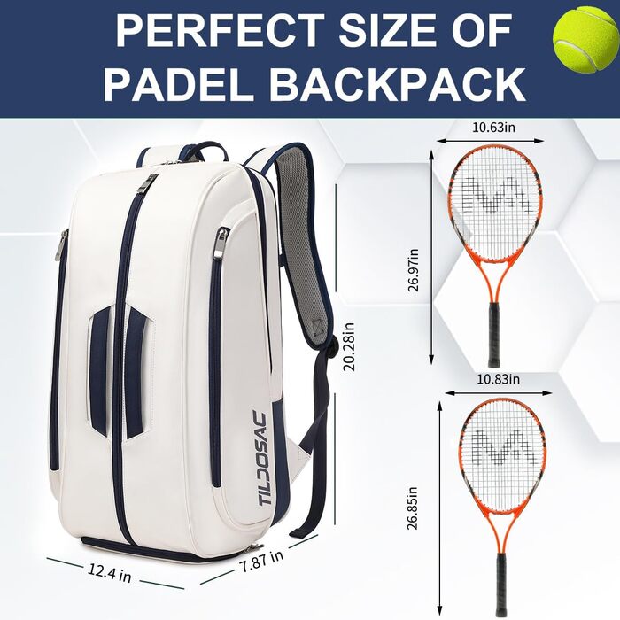 Tennis Padel Pickleball Bag - Large Sports Bag with Shoe Compartment, Laptop Sleeve & Ball Sleeve - White/Blue