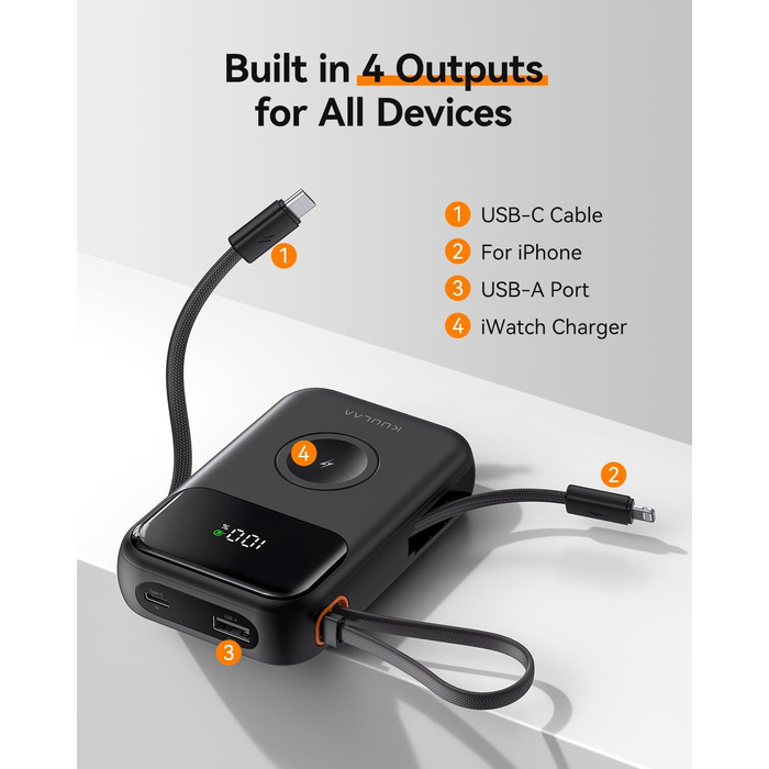 Power Bank Kuulaa для Apple Watch 10000mAh з LCD-дисплеєм та двома кабелями, 22.5W PD, сумісний з iPhone, iPad, Apple Watch 10/9/8/Ultra2/Ultra/SE